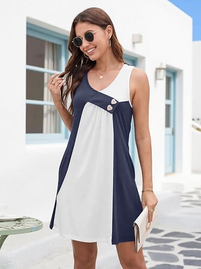 Women's Asymmetrical V-Neck Color Block Sleeveless Mini dress