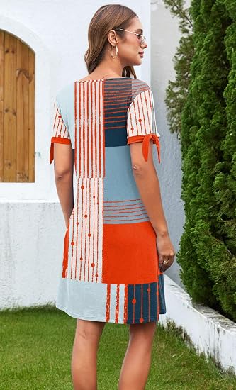 Women's V-Neck Tie Short Sleeve Button Down Pleated Casual dress