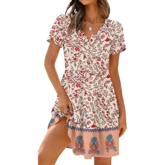 Women's V-Neck Petal Sleeve Layered Tiered A-Line Summer Dress