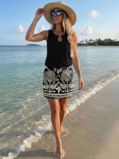 Women's Striped Hollow Out Round Neck Sleeveless Swing Mini Dress